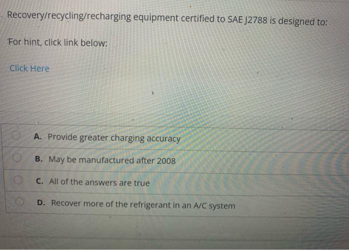 Recovery/recycling/recharging equipment certified to sae j2788